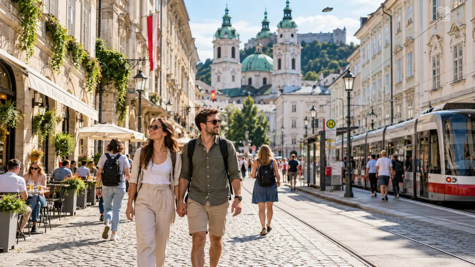 Du khách đi bộ trên một tuyến phố cổ tại Áo