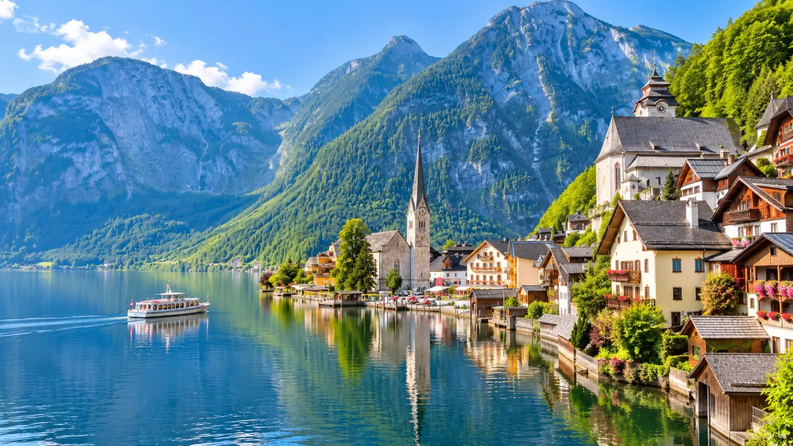 Làng Hallstatt nằm bên hồ giữa vùng núi Salzkammergut