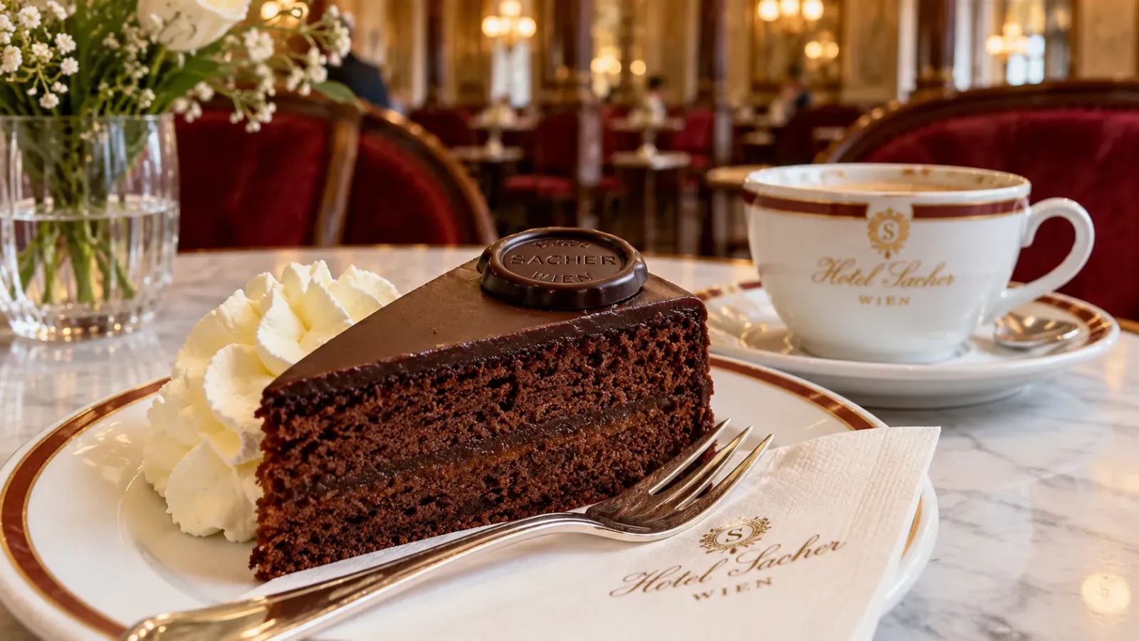 Một phần bánh Sachertorte chocolate truyền thống tại Vienna