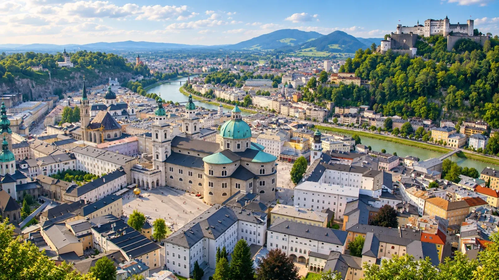 Phố cổ Salzburg và pháo đài Hohensalzburg nhìn từ trên cao