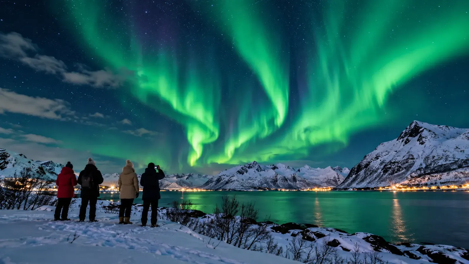 Cực quang xanh trên bầu trời vùng Lapland vào mùa đông