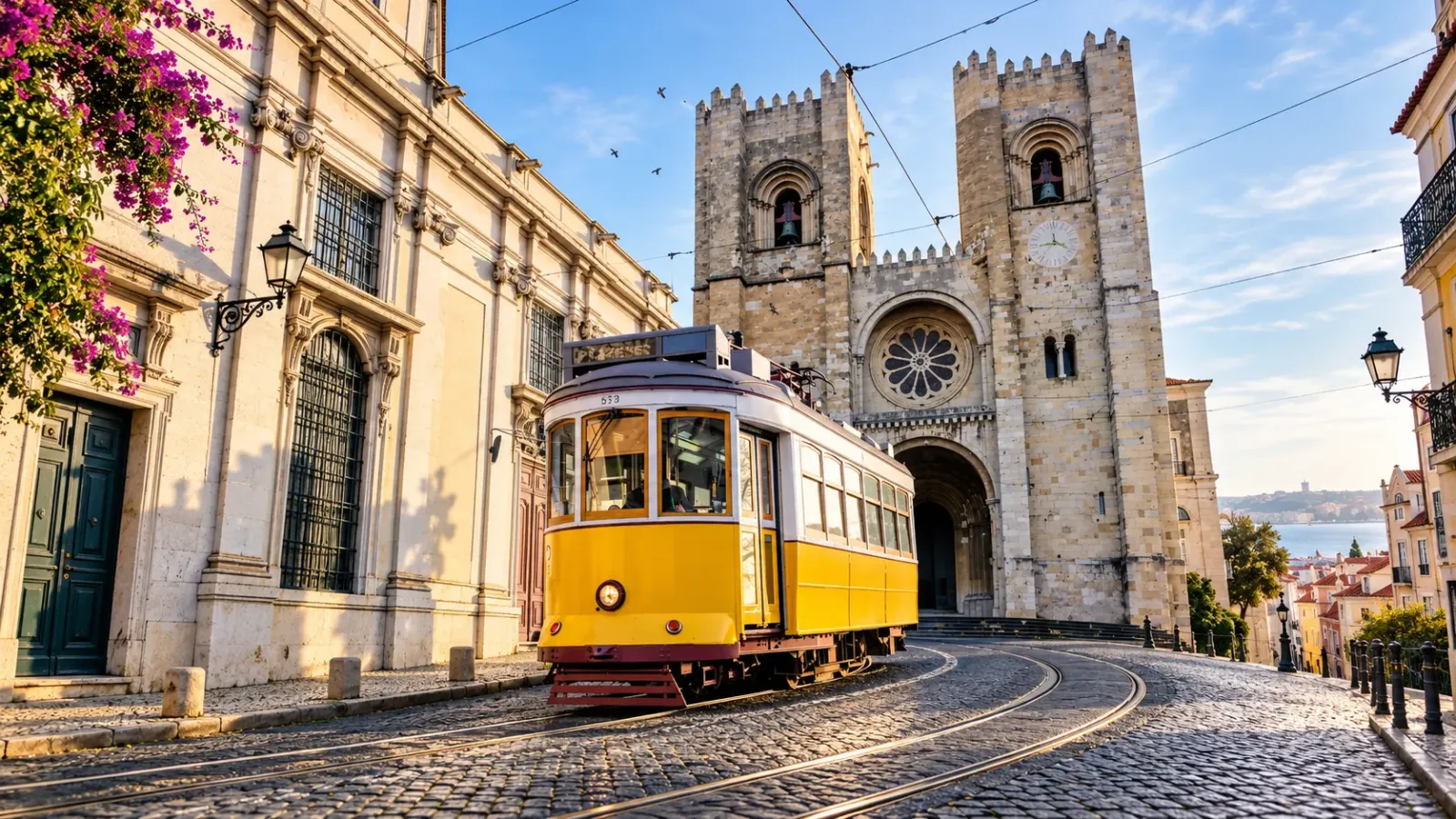 Xe điện màu vàng trên đường phố cổ Lisbon