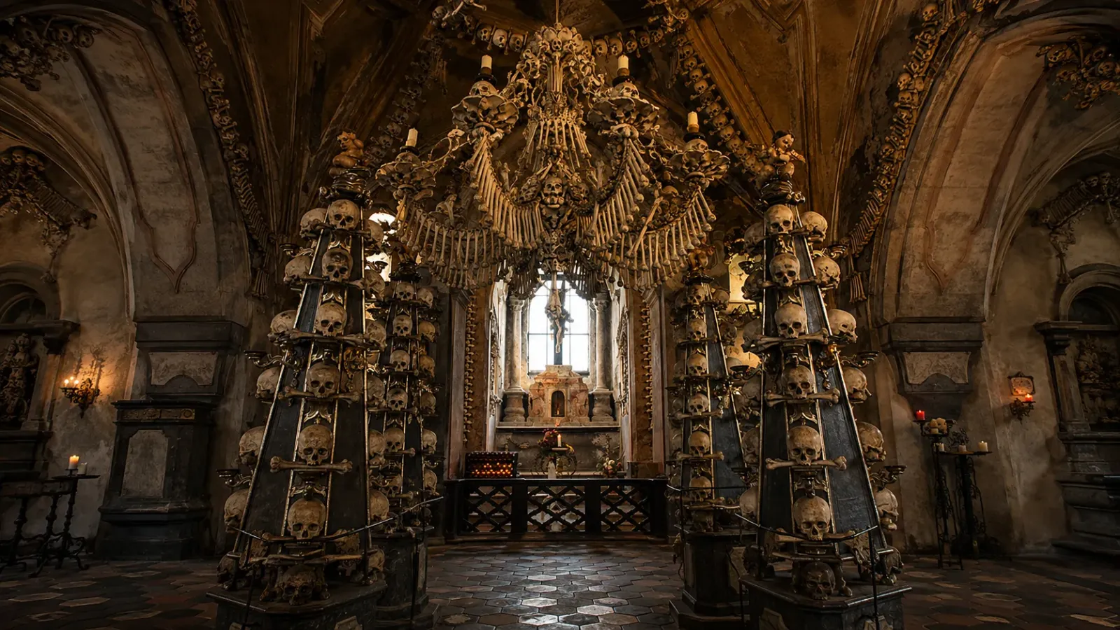 Không gian bên trong Nhà thờ xương Sedlec Ossuary tại Kutná Hora Séc