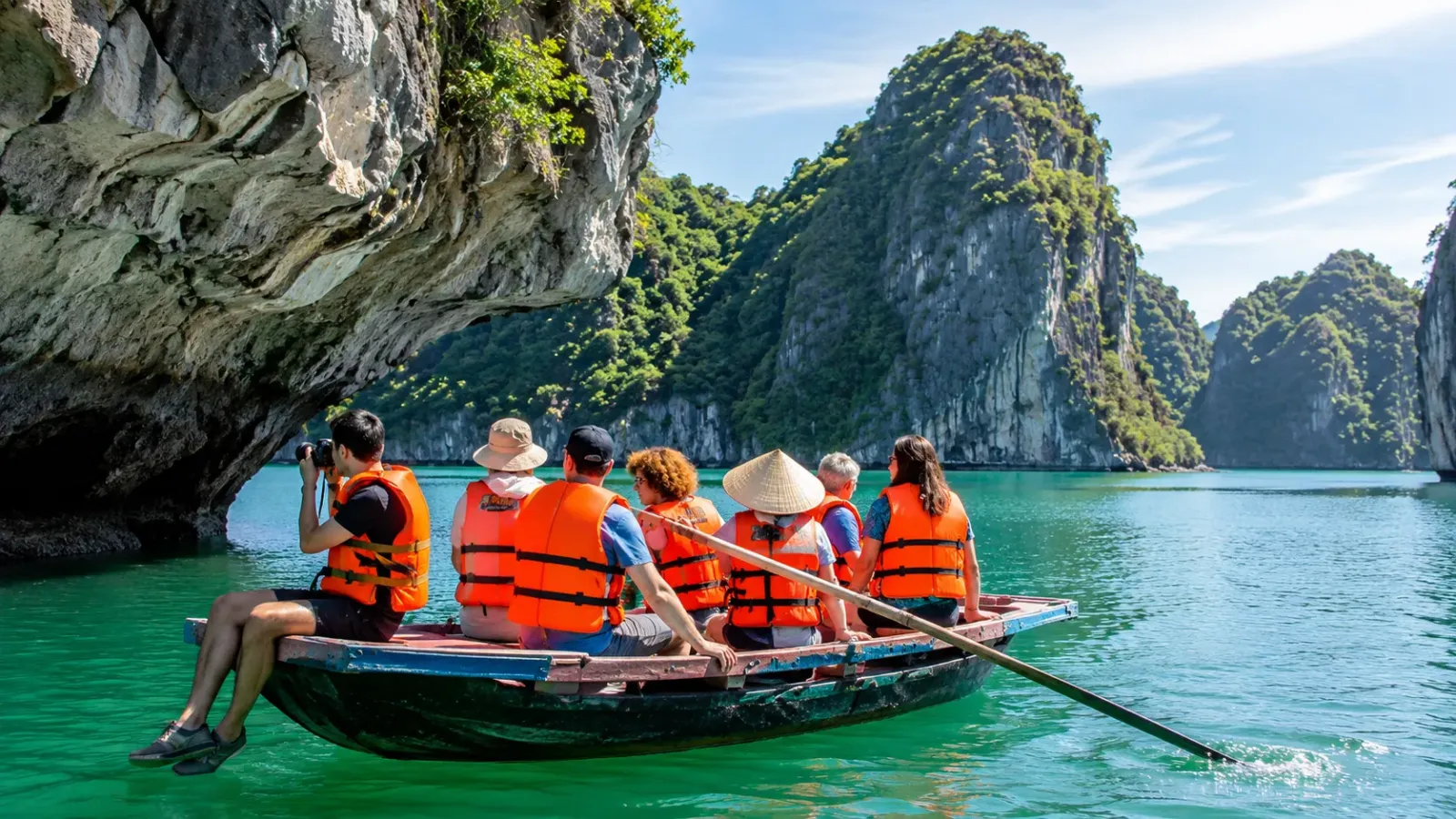 Du khách tuân thủ hướng dẫn an toàn khi tham quan Hạ Long