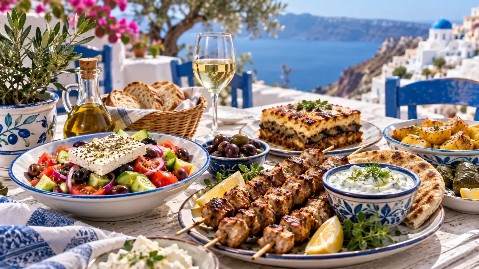 Bàn ăn với moussaka souvlaki salad Hy Lạp tzatziki và các món địa phương