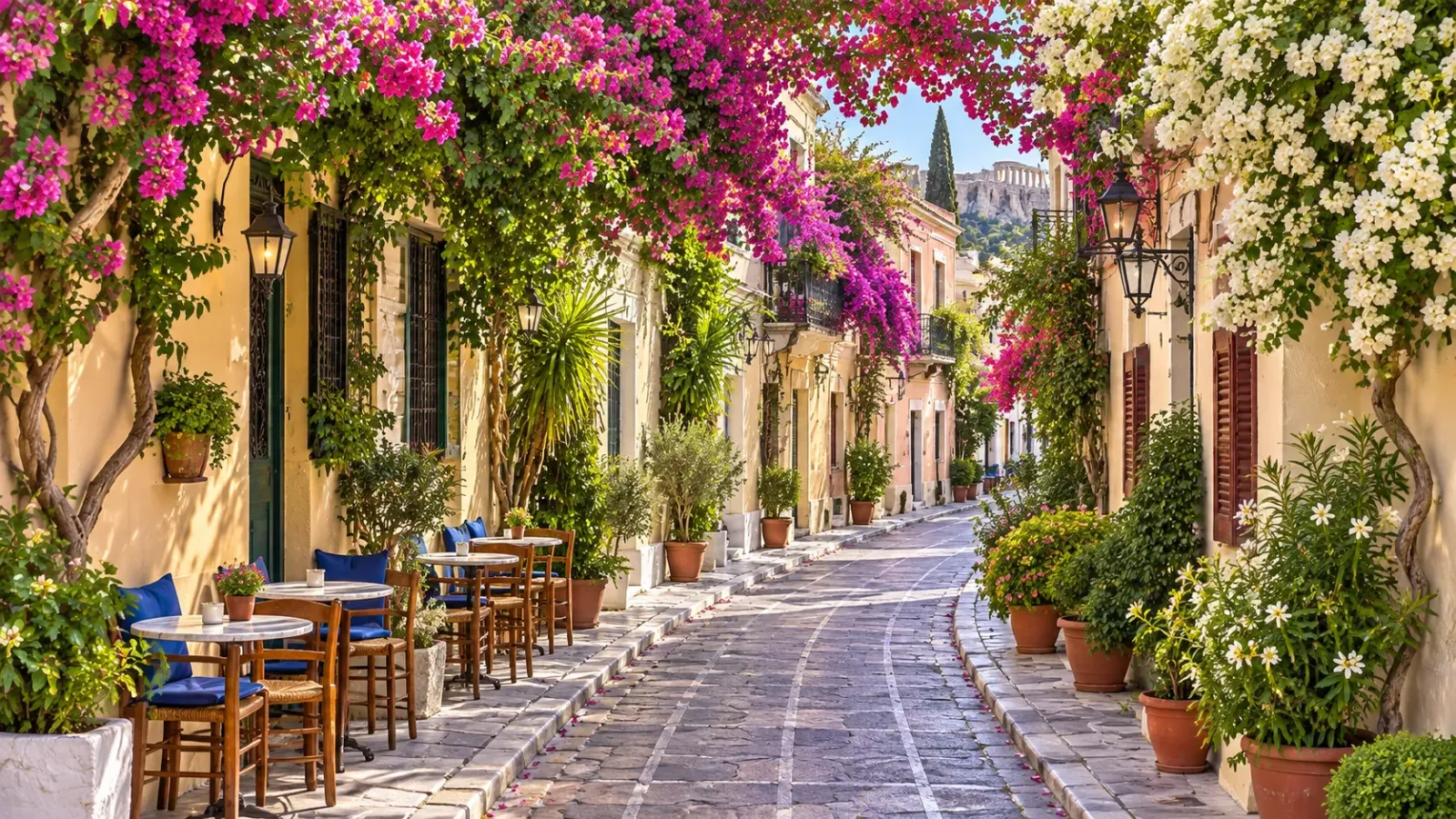Con phố nhỏ với nhà hàng và kiến trúc truyền thống tại khu Plaka Athens