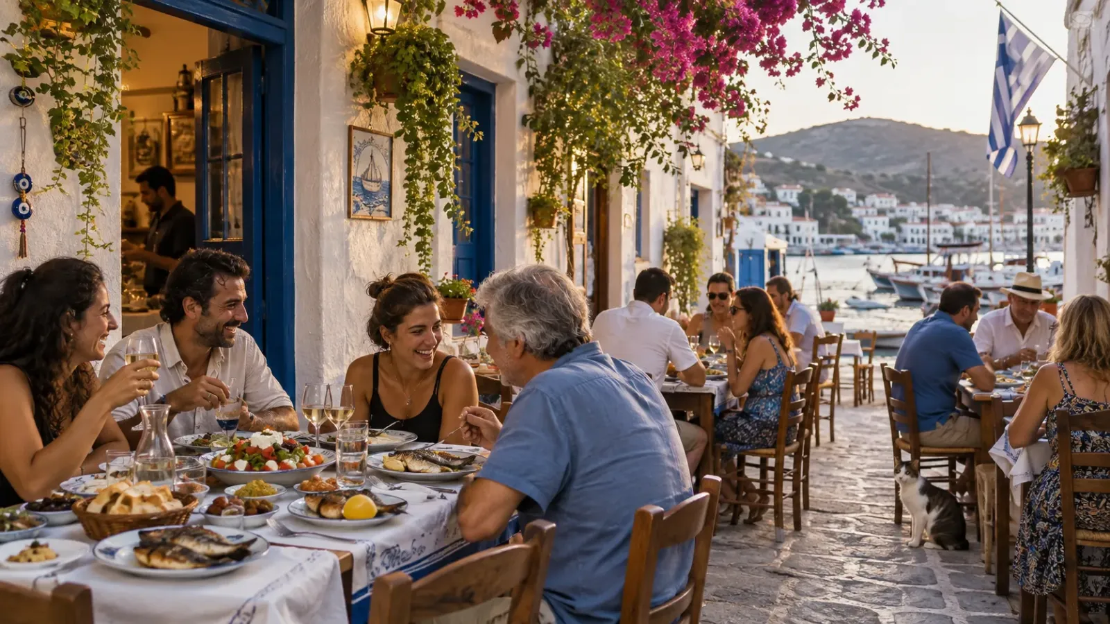Người dân và du khách dùng bữa tại một taverna ngoài trời ở Hy Lạp