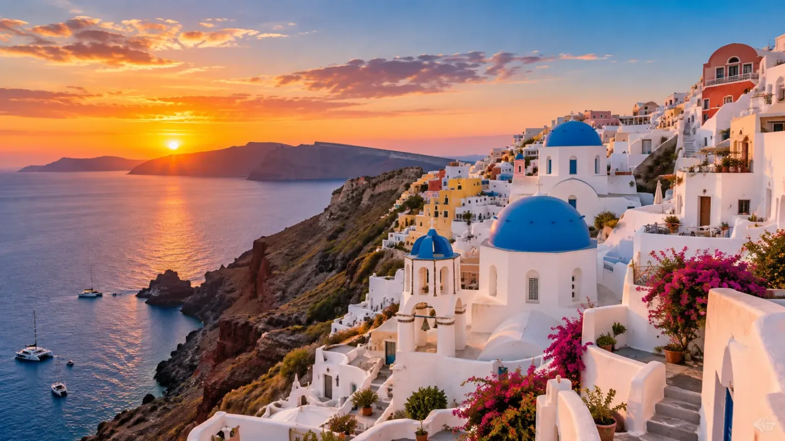 Toàn cảnh những ngôi nhà trắng bên vách đá Santorini nhìn ra biển Aegean
