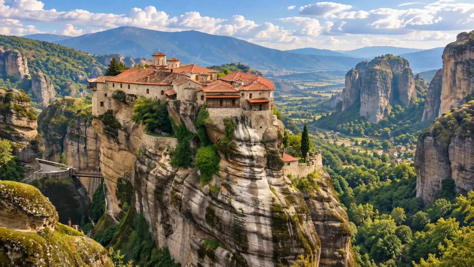 Tu viện Meteora nằm trên khối đá cao giữa vùng Thessaly Hy Lạp