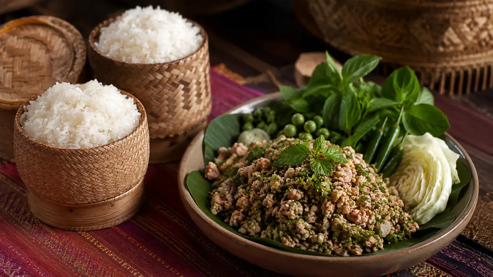 Laap và xôi nếp Khao Niew trong bữa ăn truyền thống của Lào
