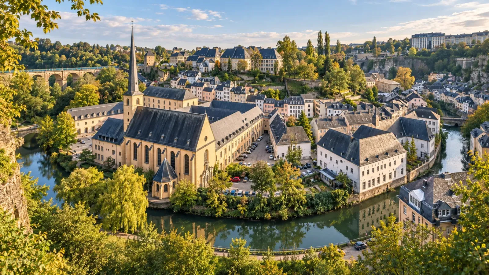 Cảnh quan phố cổ và thung lũng xanh tại Luxembourg City