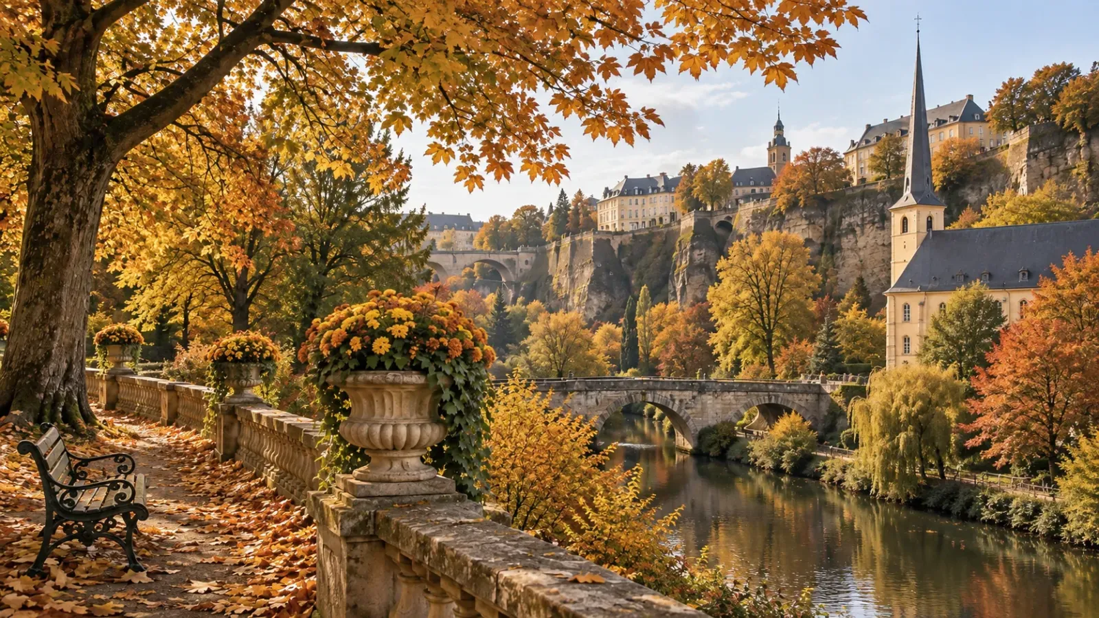Cảnh sắc mùa thu với cây lá vàng tại Luxembourg