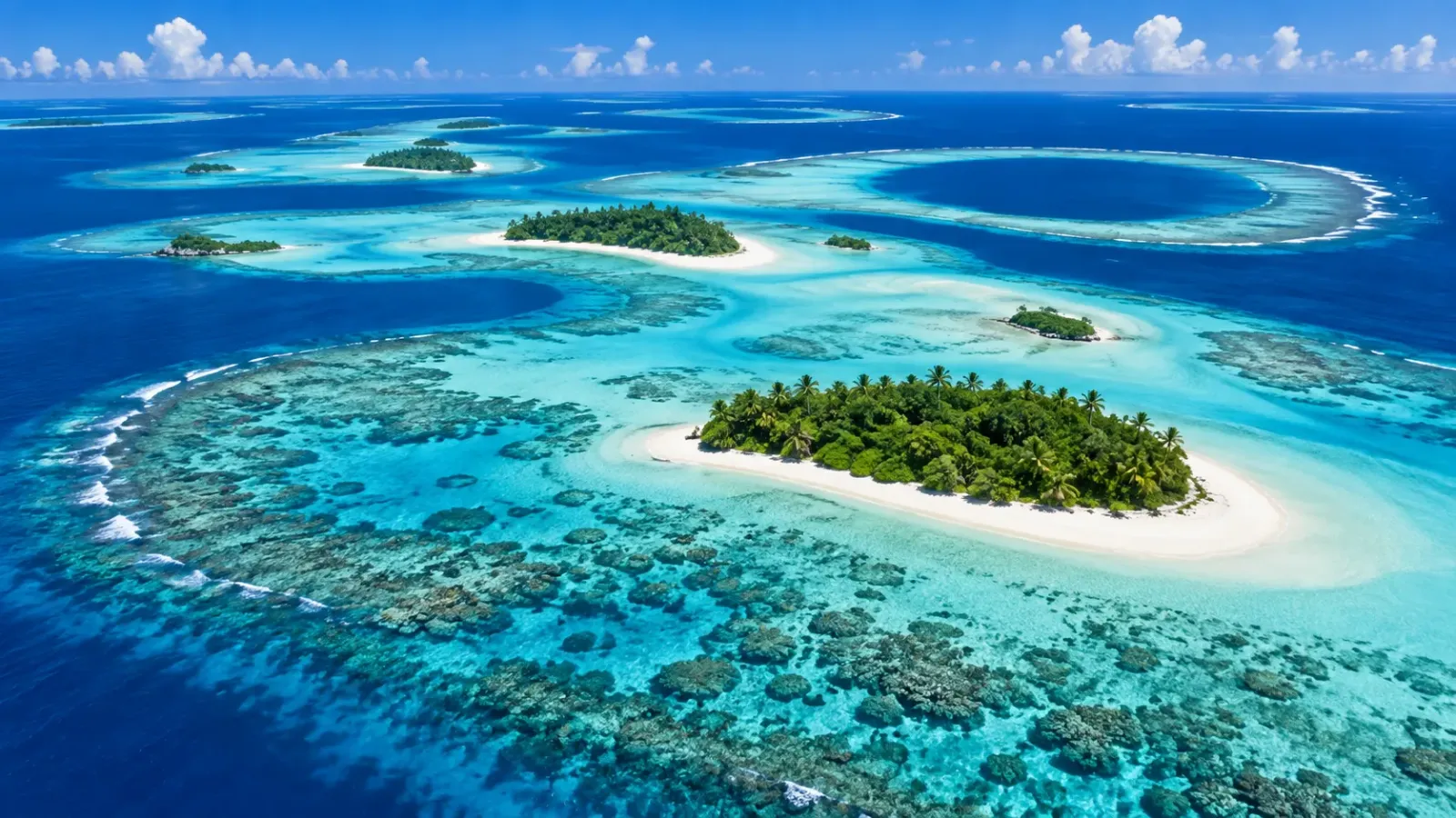 Các đảo san hô nhỏ giữa nhiều tầng màu xanh của biển Maldives