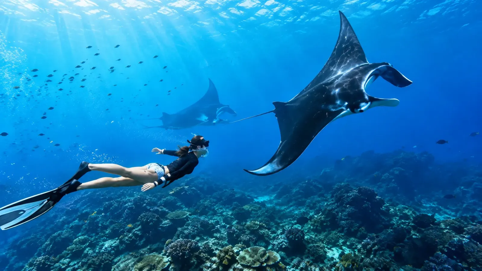 Du khách snorkeling gần cá đuối manta trong vùng biển xanh