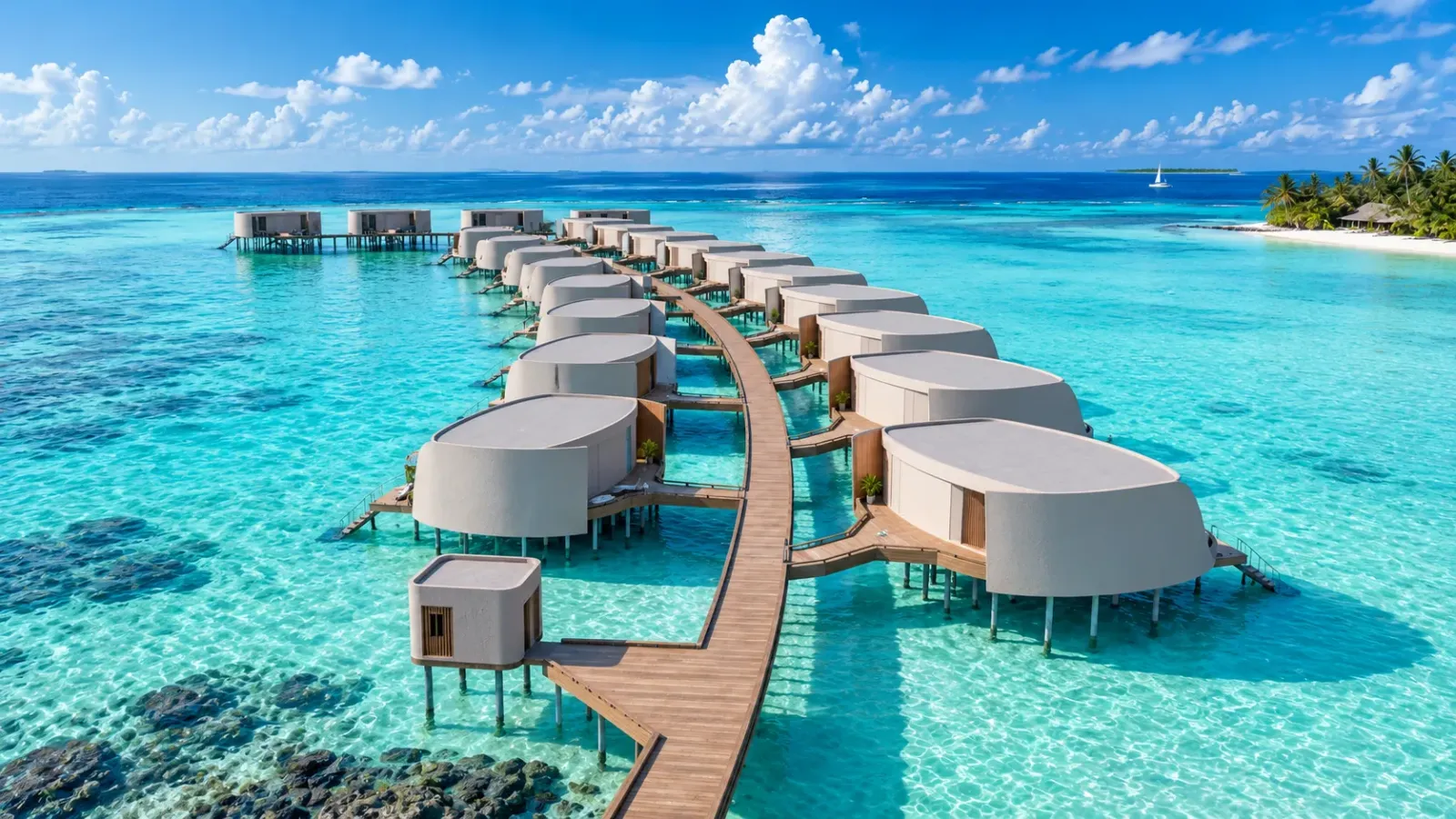 Resort Maldives với các biệt thự trên mặt nước giữa lagoon xanh ngọc