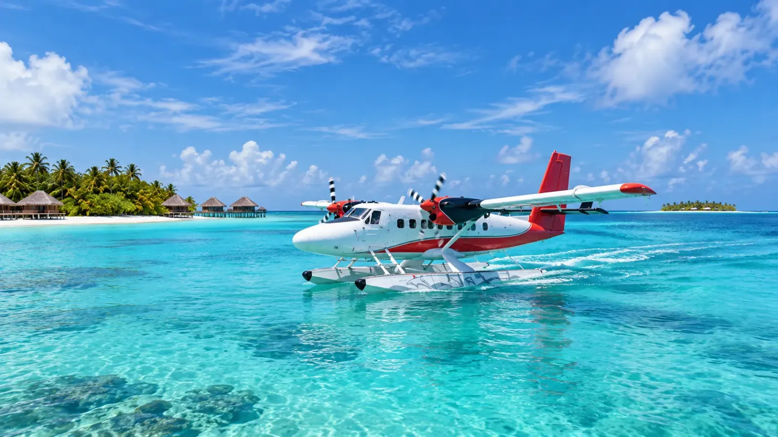 Thủy phi cơ bay phía trên những đảo nhỏ và lagoon tại Maldives