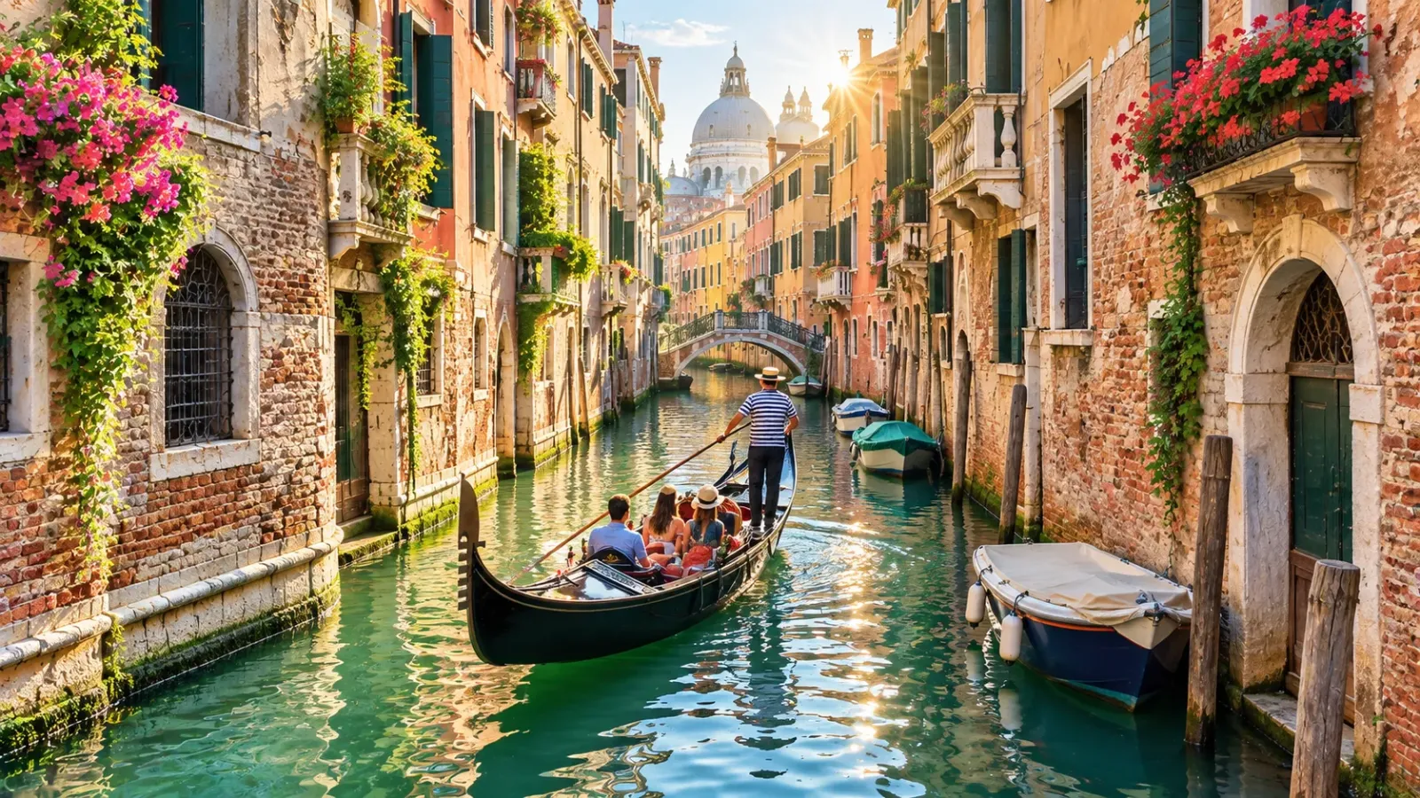 Gondola di chuyển trên một kênh đào tại Venice, Ý