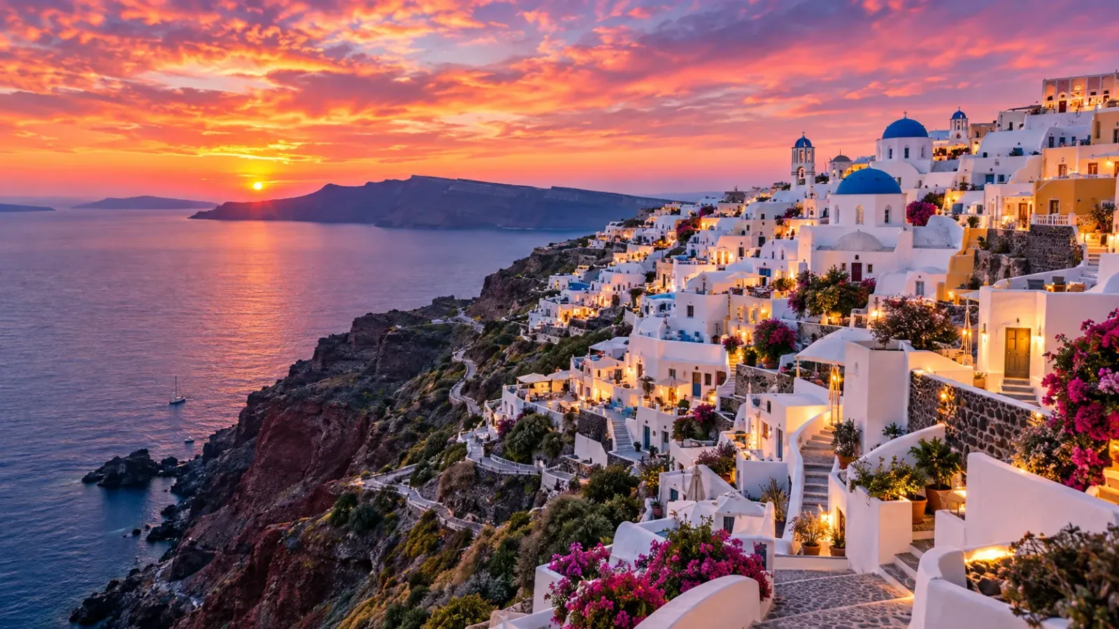 Những ngôi nhà trằng trên đảo Santorini Hy Lạp nhìn ra biển Aegean