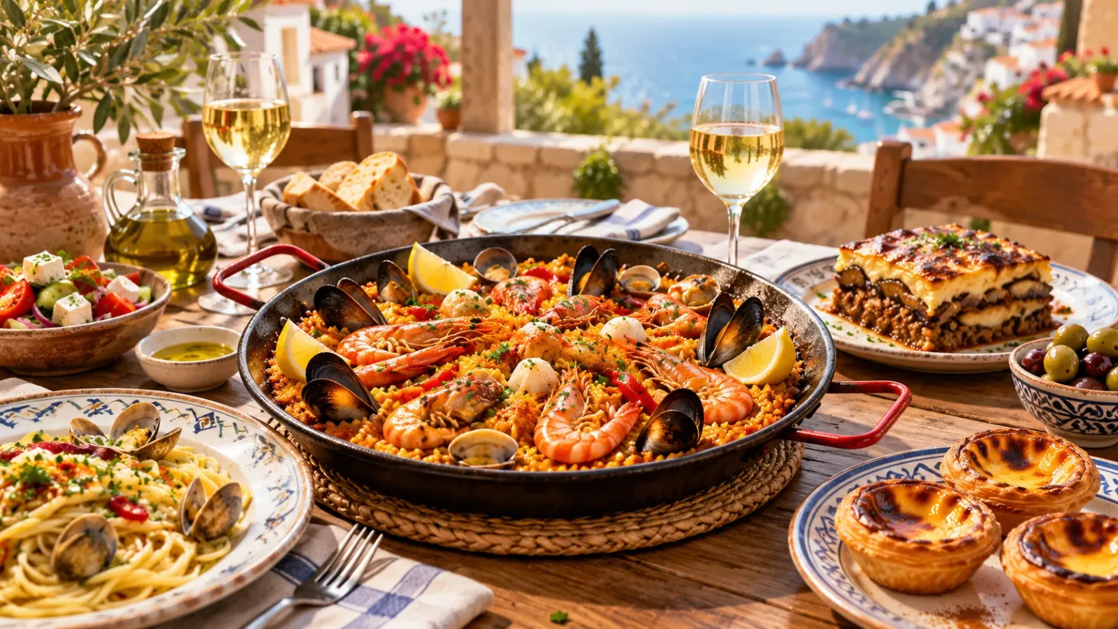 Pasta paella moussaka và pastel de nata đặc trưng của ẩm thực Nam Âu