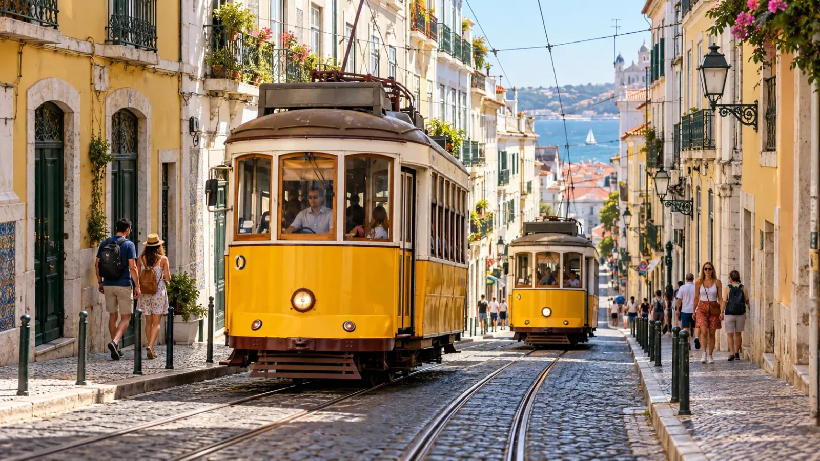 Xe điện vàng di chuyển trên đường phố Lisbon Bồ Đào Nha