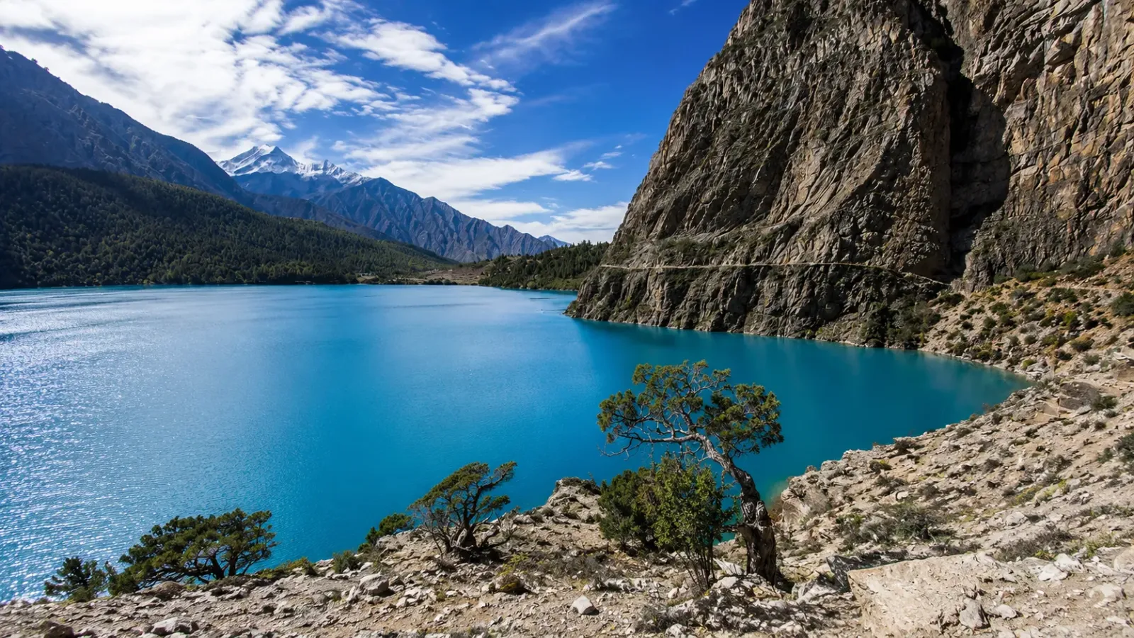 Mặt nước xanh và vách núi bao quanh hồ Phoksundo Nepal