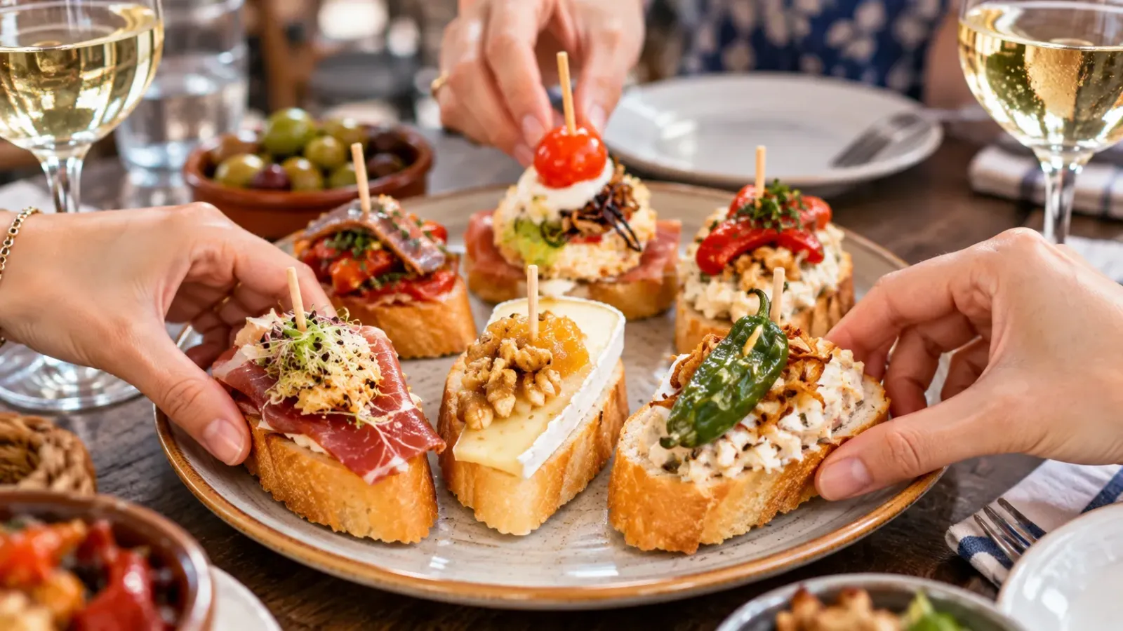 Các phần tapas nhỏ được phục vụ cùng nhau trên bàn ăn