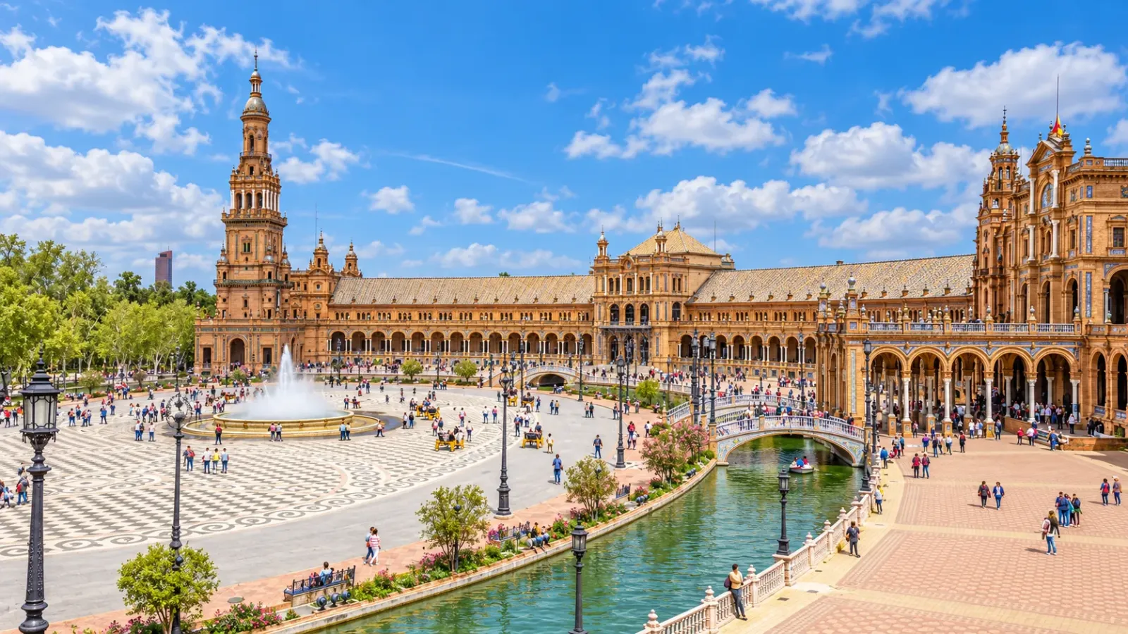 Quảng trường Plaza de Espana với kênh nước tại Seville