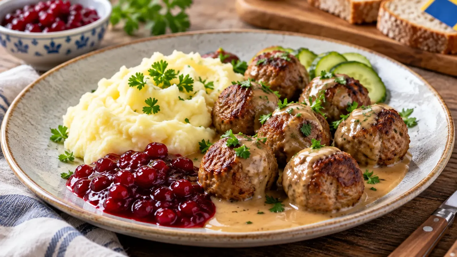 Thịt viên Kottbullar với khoai tây nghiền và mứt lingonberry của Thụy Điển