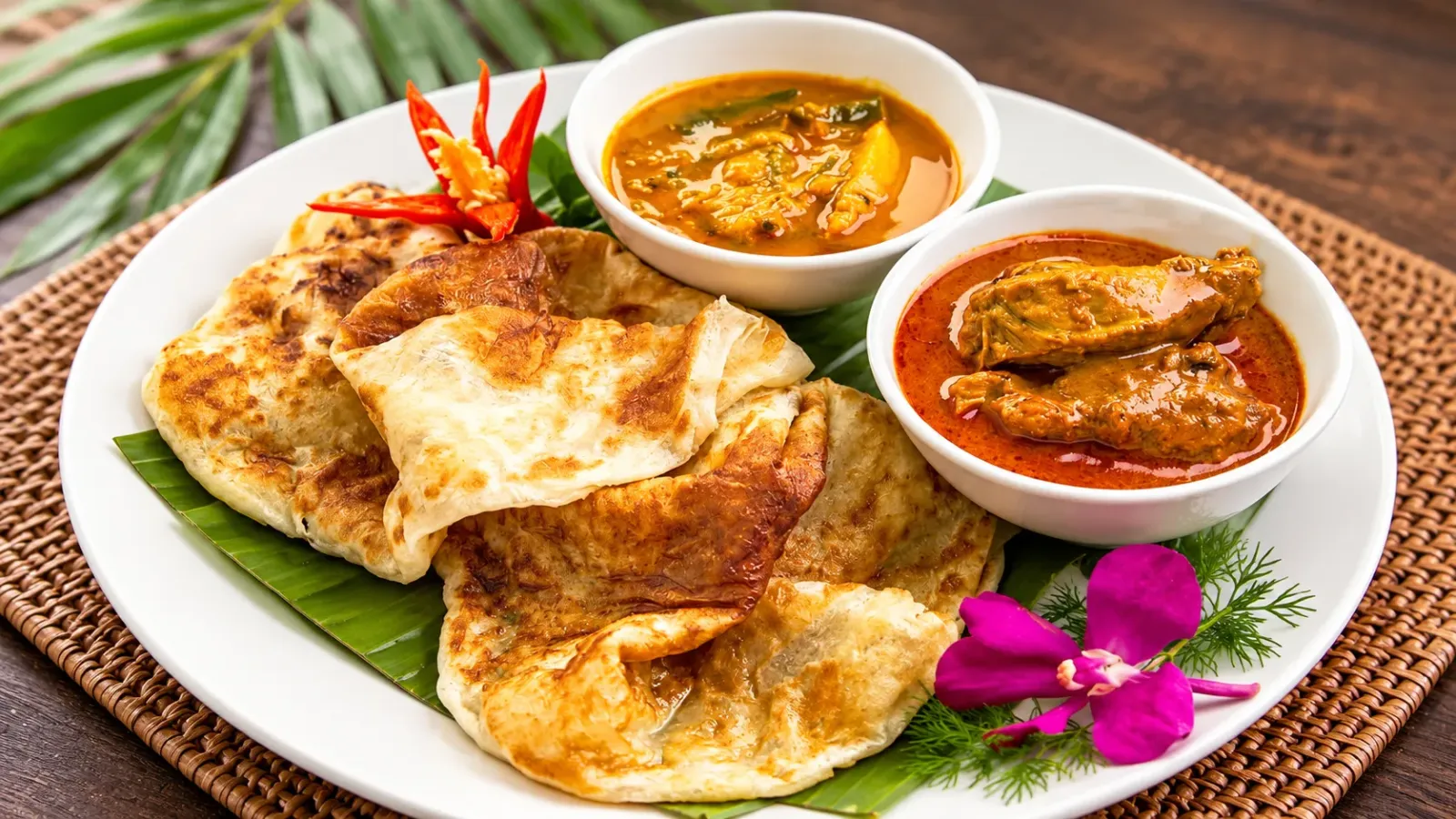 Bánh roti canai dùng kèm nước chấm cà ri, món ăn phổ biến tại Malaysia
