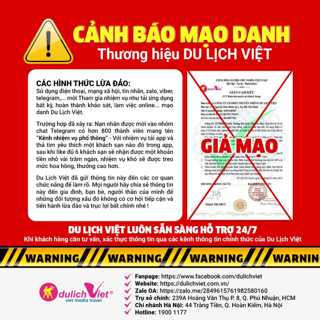 Cảnh báo thông tin giả mạo thương hiệu Du Lịch Việt để lừa đảo khách hàng nhằm chiếm đoạt tài sản