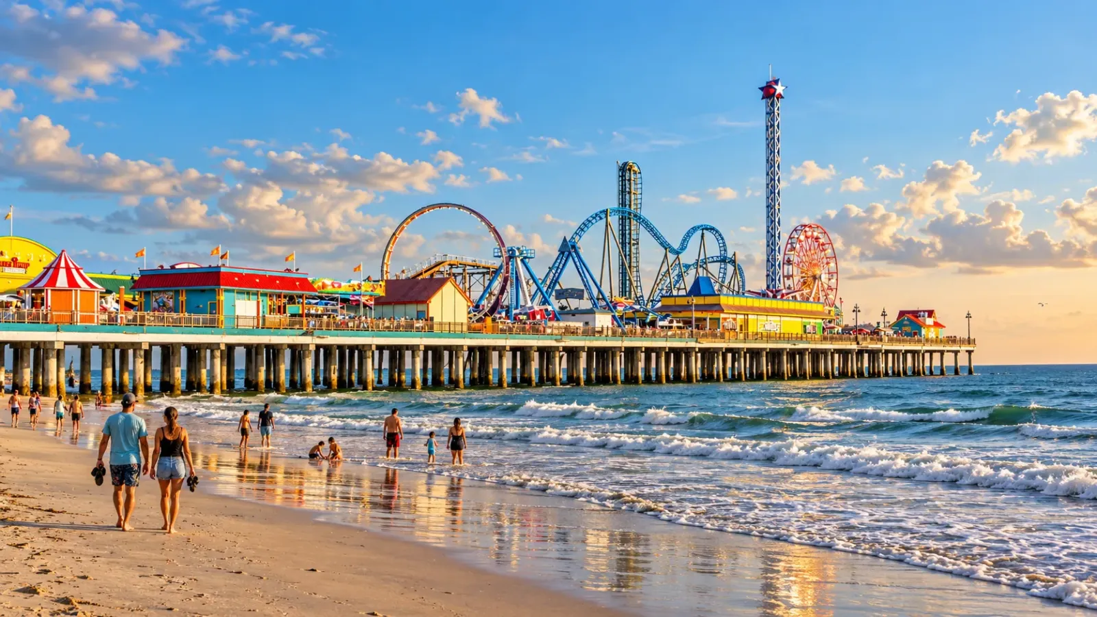 Cảnh quan biển và khu vực du lịch Galveston Island thuộc tiểu bang Texas gần Houston
