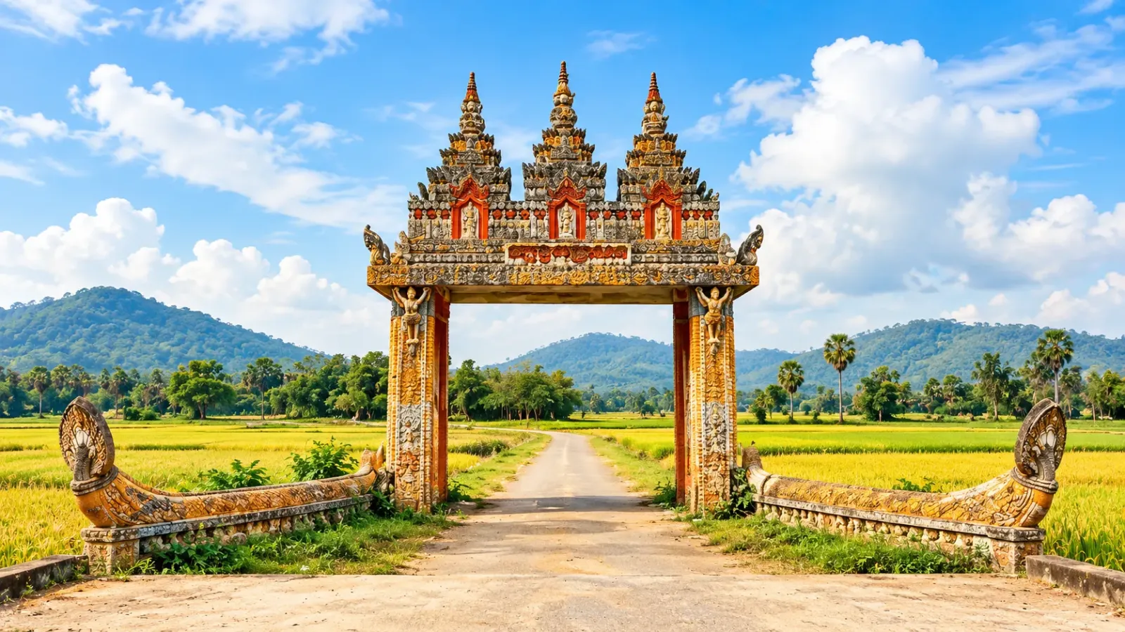 Cổng chùa Koh Kas giữa đồng ruộng tại khu vực Tri Tôn An Giang