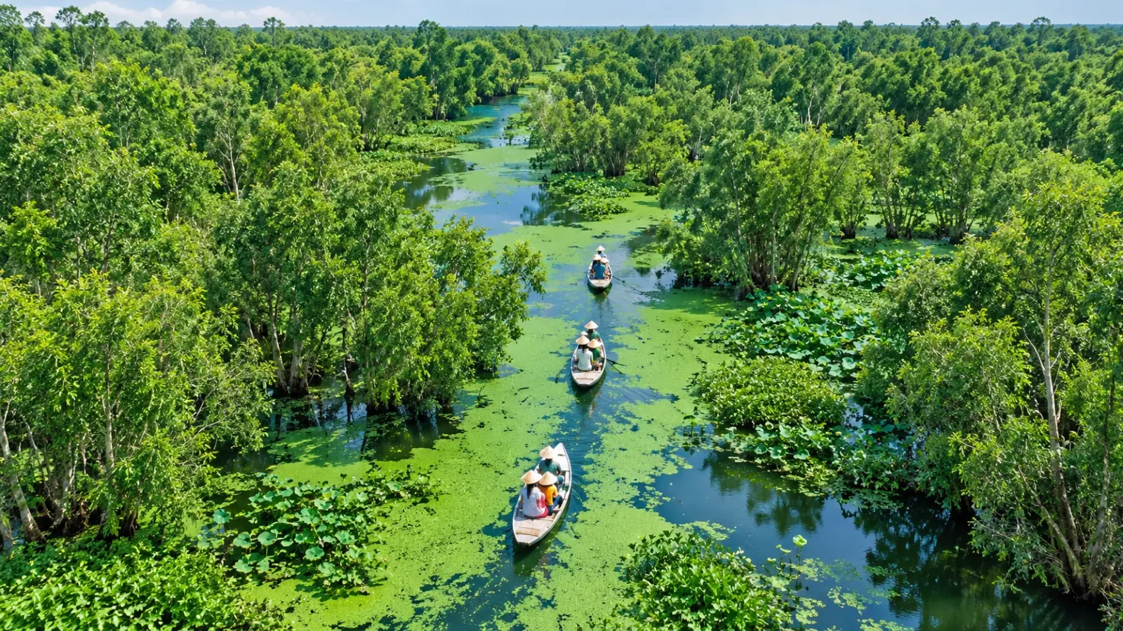 Du khách đi xuồng giữa rừng tràm Trà Sư An Giang