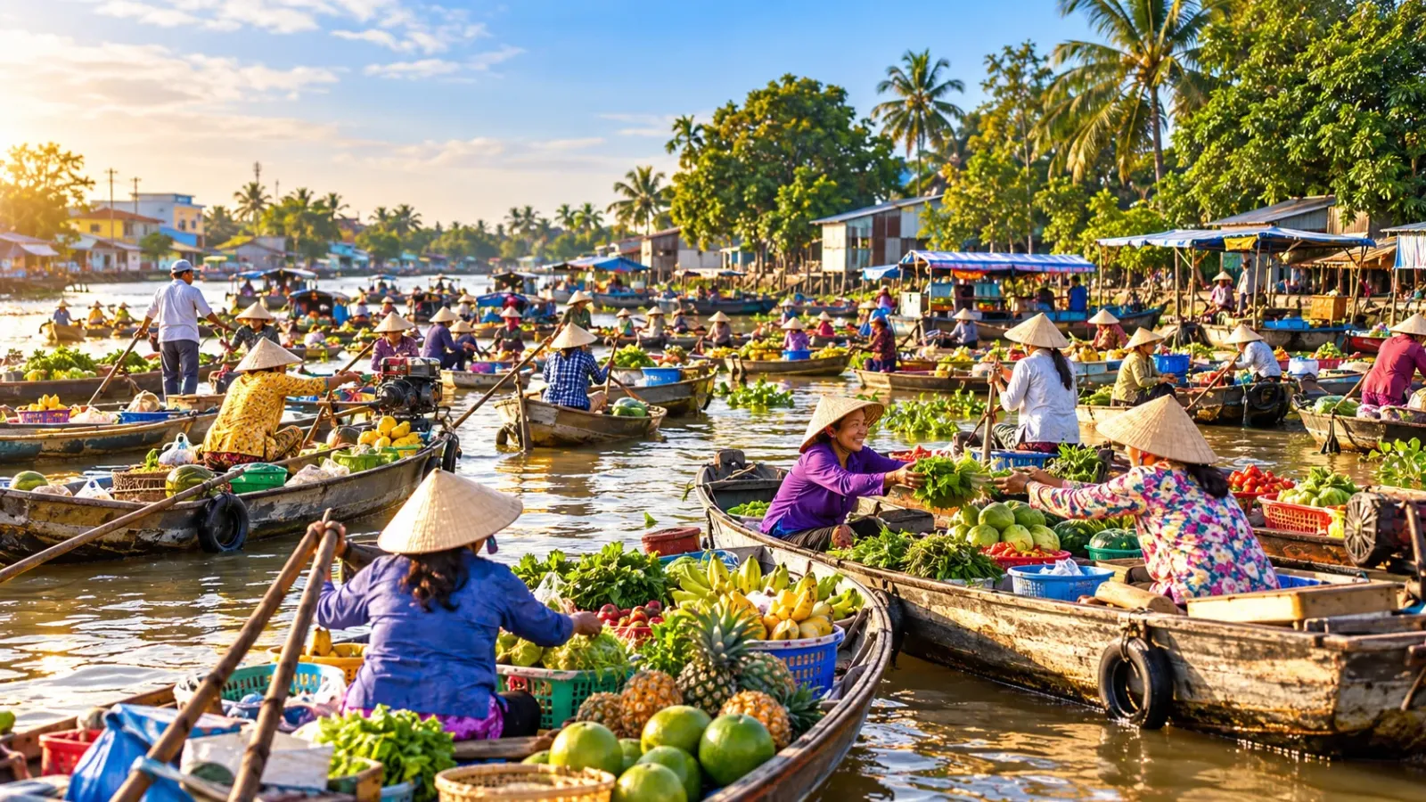 Ghe thuyền buôn bán trên Chợ nổi Long Xuyên vào buổi sáng