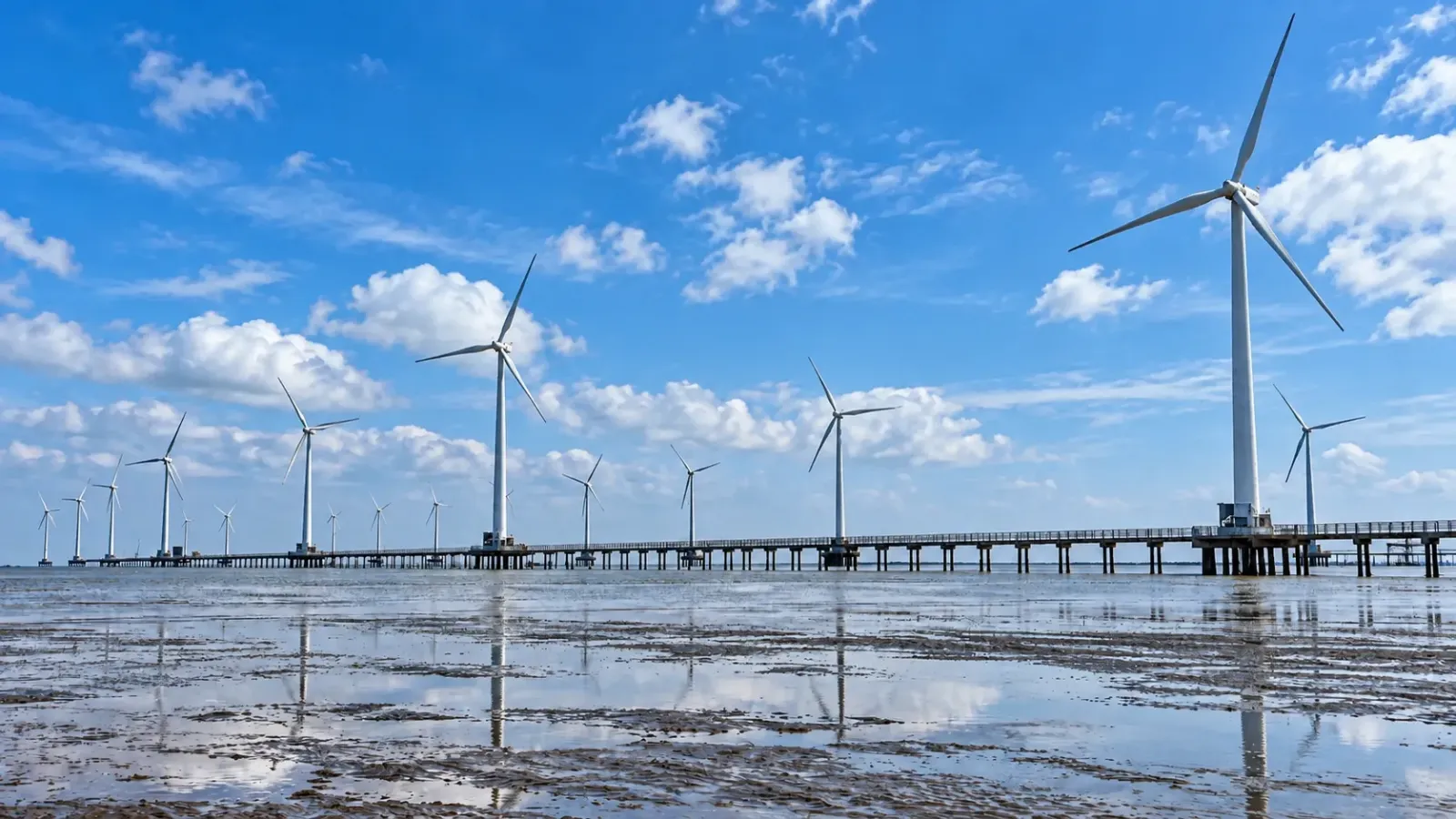 Các turbine điện gió Bạc Liêu trên vùng ven biển phường Hiệp Thành
