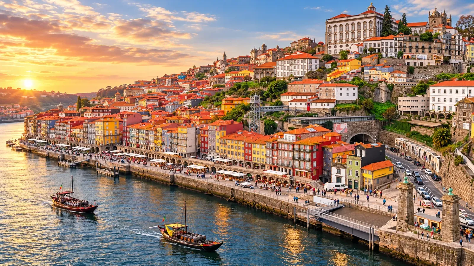 Khu phố Ribeira với các dãy nhà bên sông Douro tại thành phố Porto