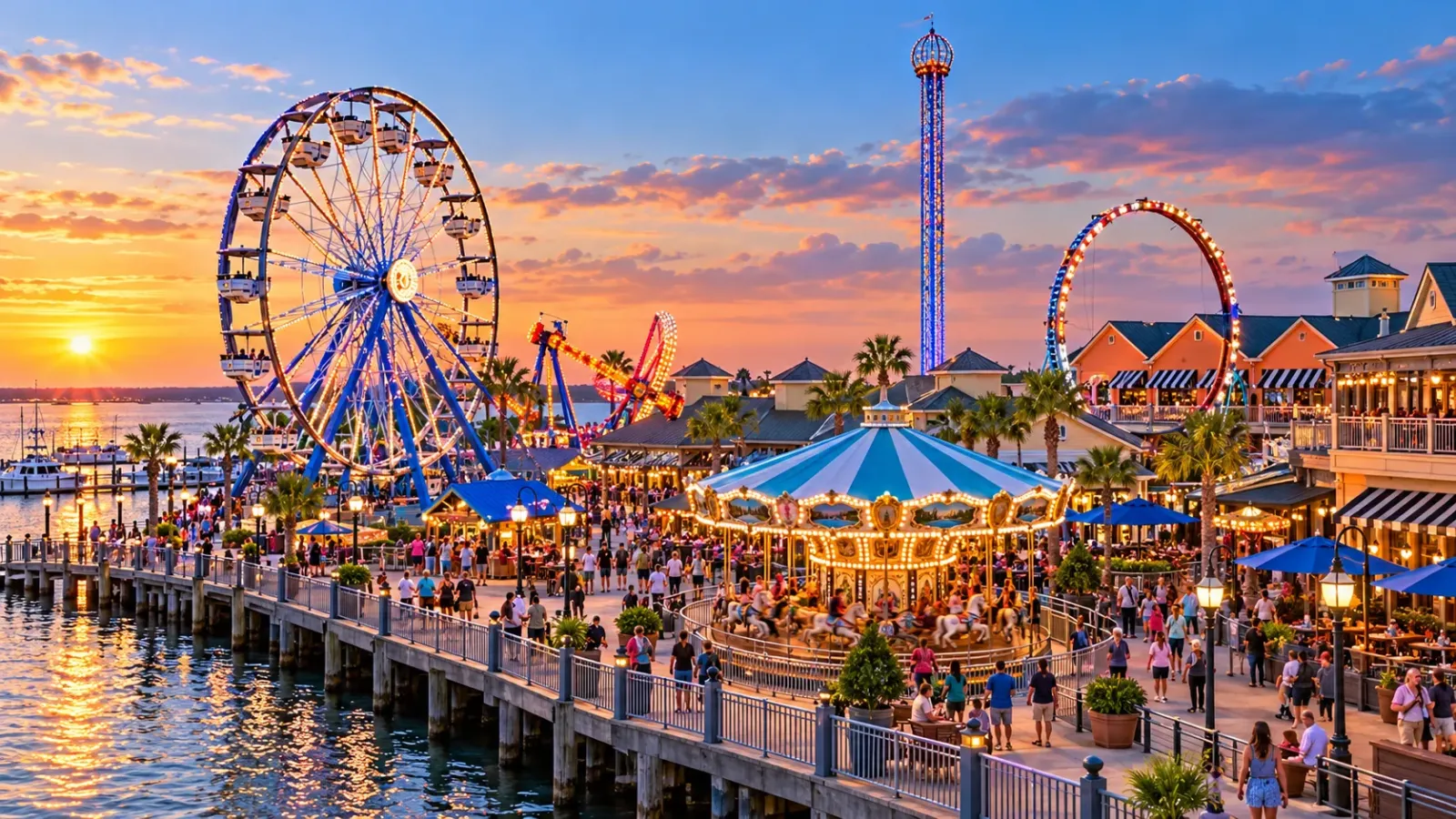Khu vui chơi ven biển Kemah Boardwalk với các trò chơi giải trí tại Kemah ở Texas