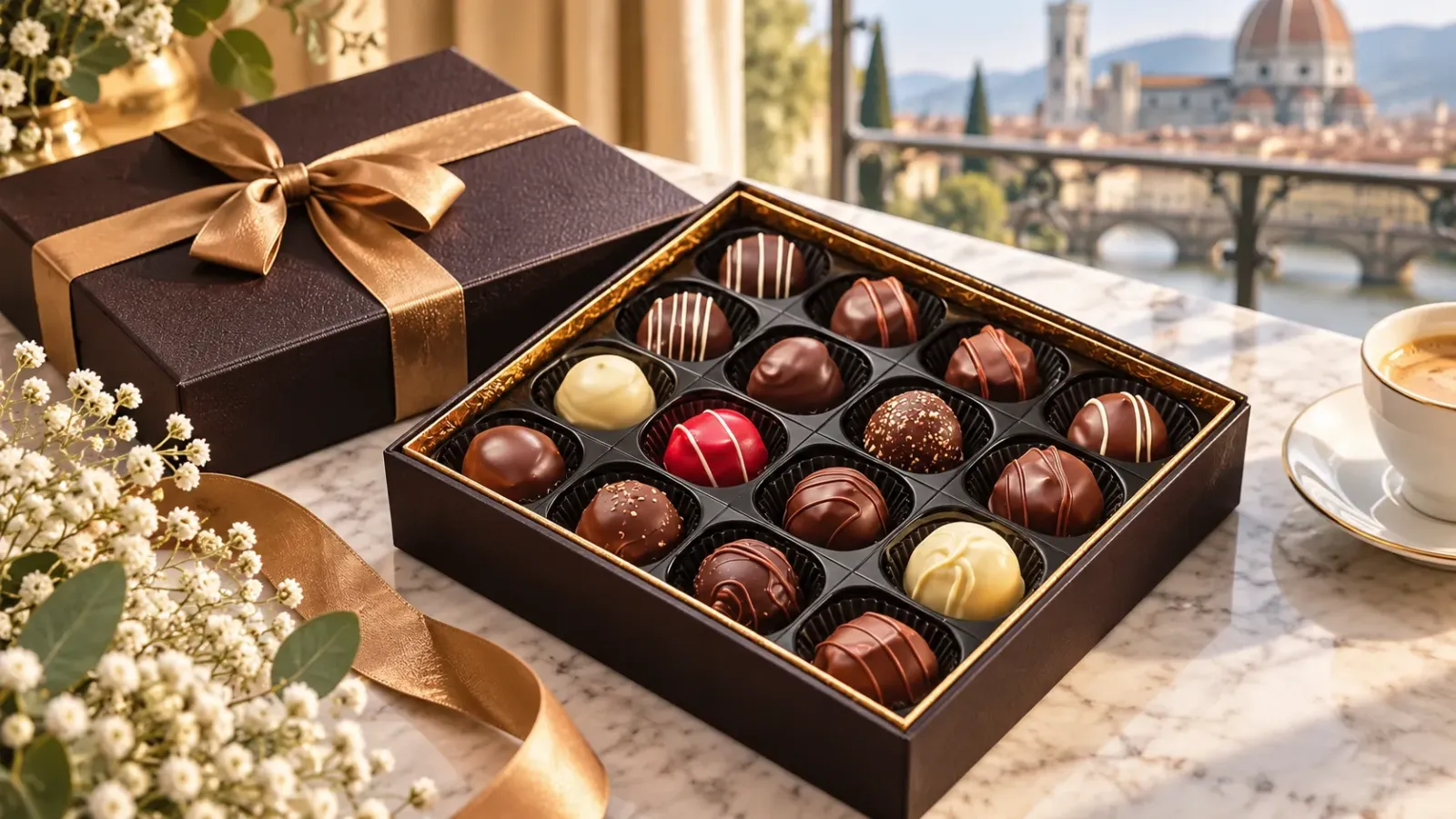 Những hộp chocolate và kẹo praline được đóng gói để làm quà tặng