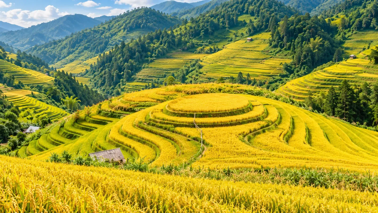 Những thửa ruộng bậc thang trên sườn núi chuyển sang màu vàng mùa thu
