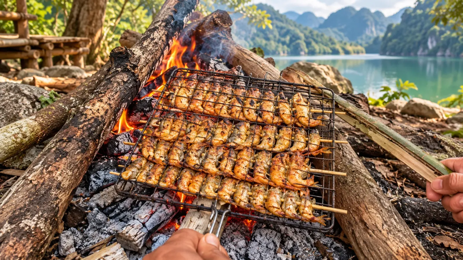 Những xiên cá nhỏ được nướng trên bếp than trong trải nghiệm ẩm thực vùng hồ Ba Bể