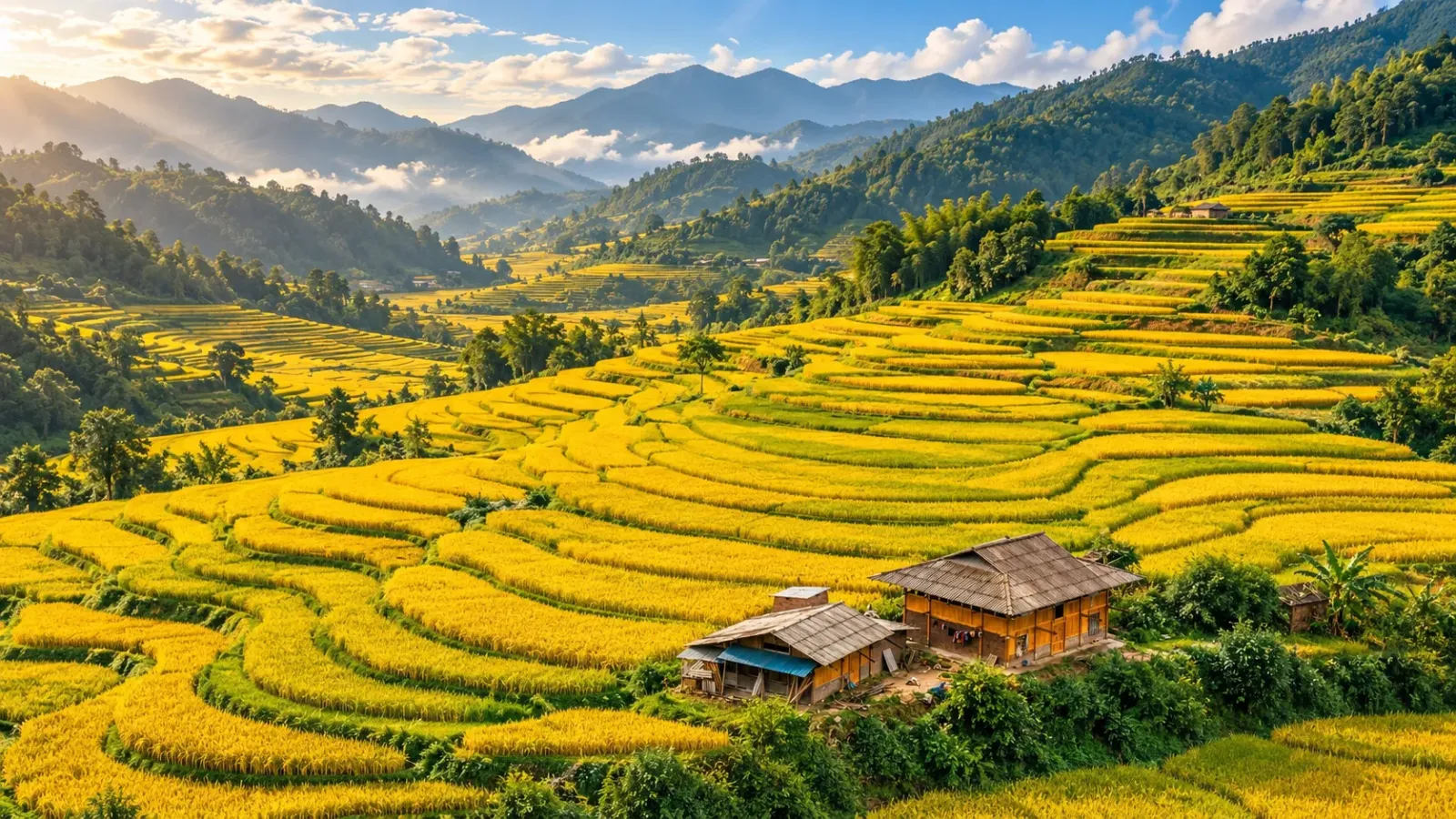 Ruộng bậc thang chuyển vàng giữa cảnh quan núi rừng Tây Bắc