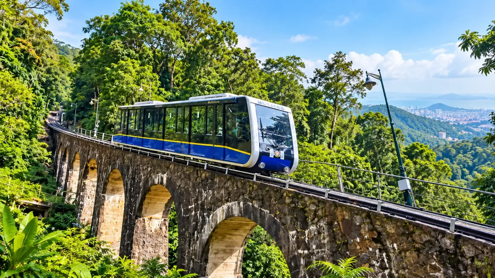 Tàu leo núi funicular và cảnh quan đồi xanh tại Penang Hill, Malaysia