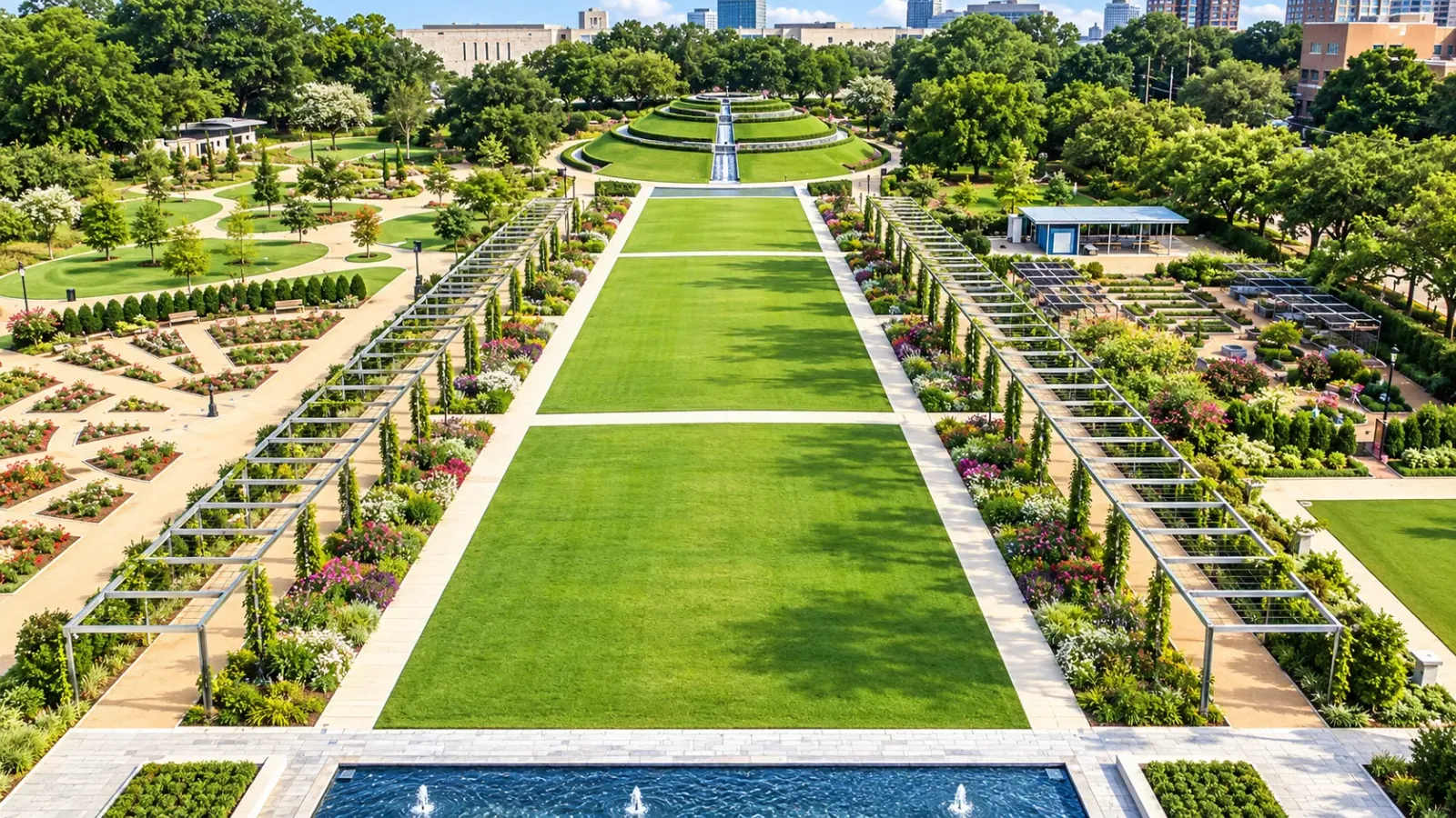 Vườn hoa, lối đi và cảnh quan ở McGovern Centennial Gardens trong Hermann Park Houston